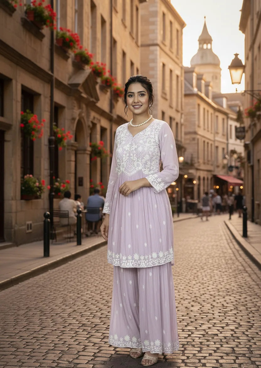 Woman in a light purple traditional outfit standing on a cobbled street with historical buildings.