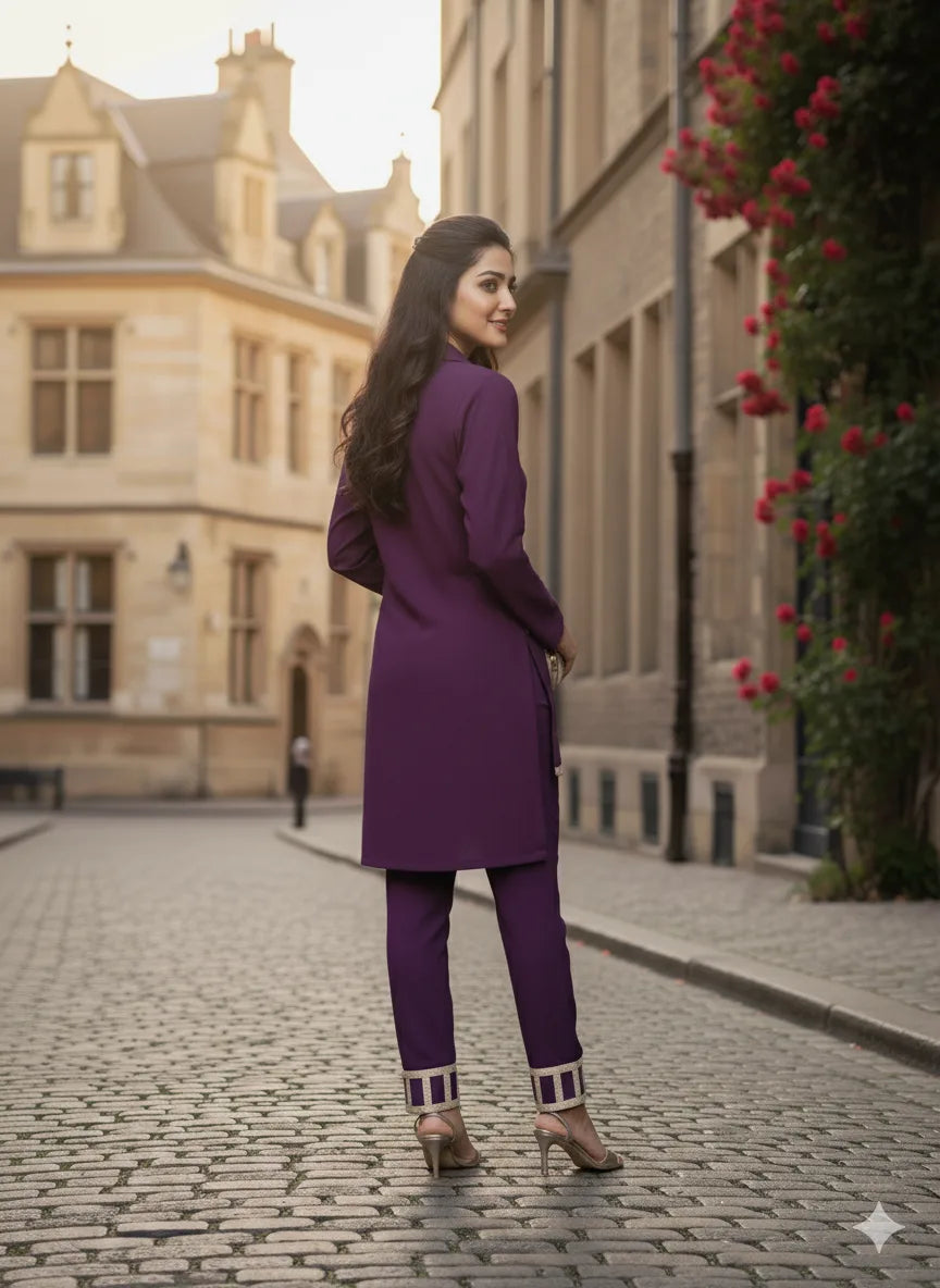 Woman in a purple outfit walking down a cobblestone street with historic buildings.