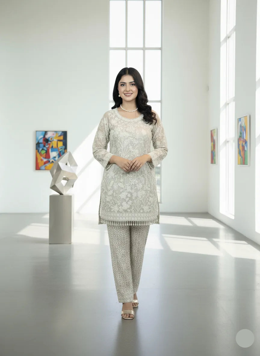 Woman in a light gray outfit standing in a modern, minimalistic room with large windows.