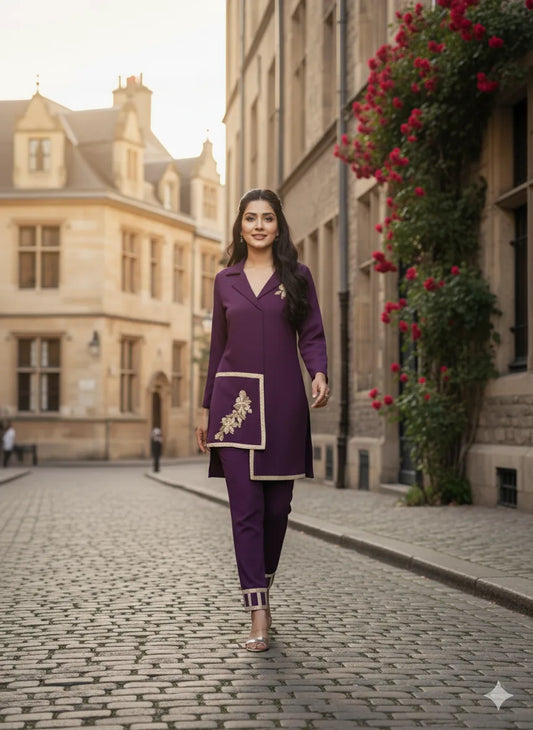 Woman in a purple traditional outfit walking on a cobbled street with floral decorations.
