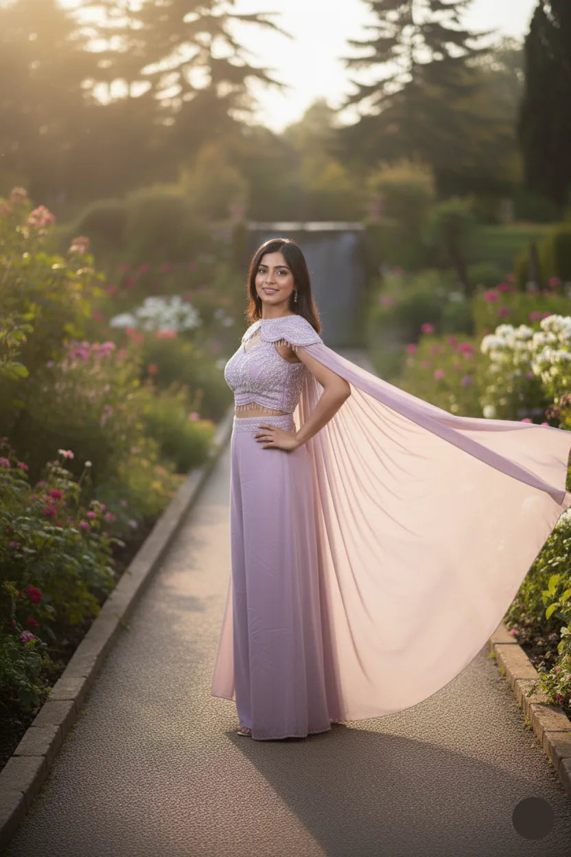 Woman in a flowing dress standing in a garden with sunlight filtering through.