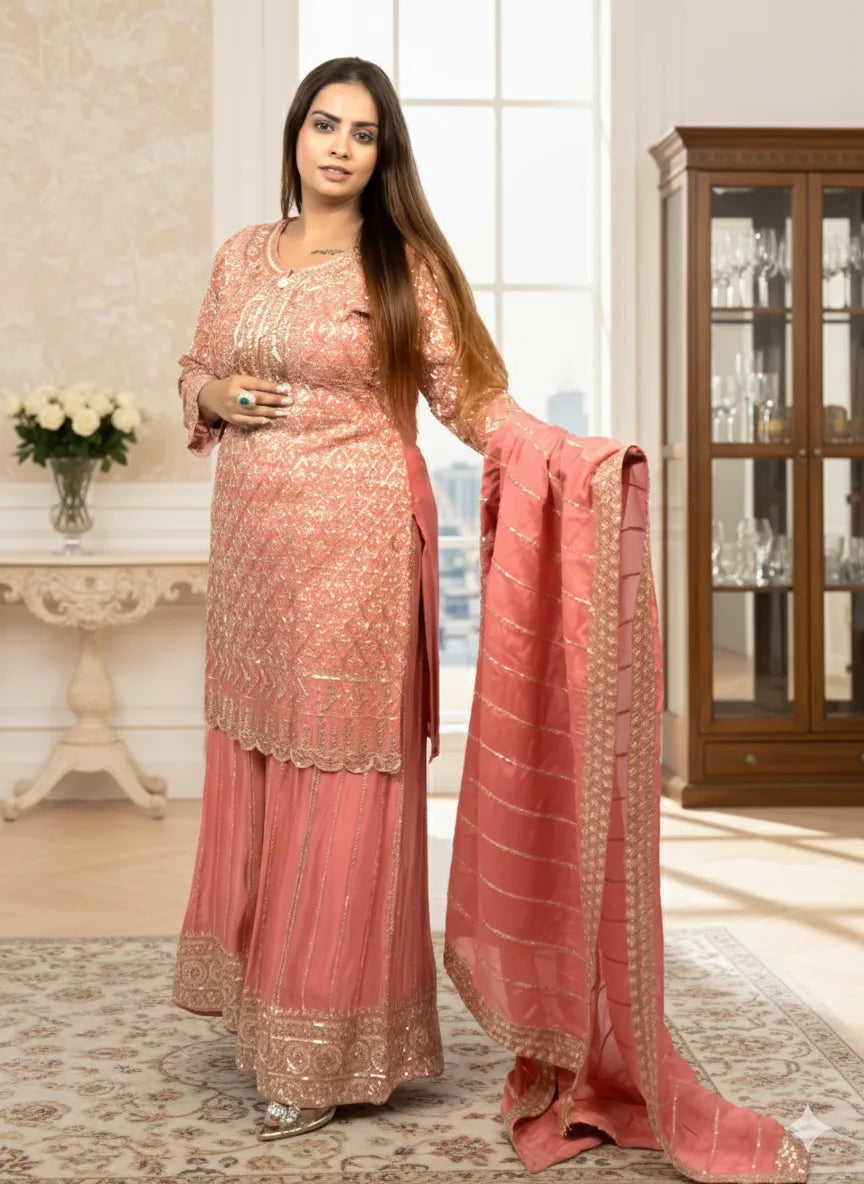Woman in a traditional pink embroidered outfit standing in a well-lit room.
