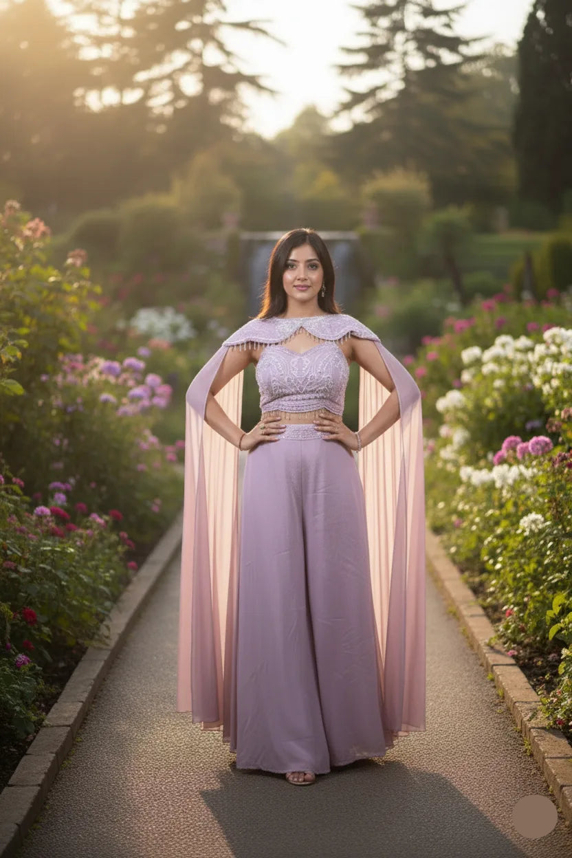 Woman in a lavender outfit with a pink cape standing in a garden.