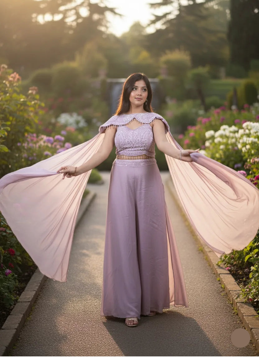 Woman in a lavender dress with pink sleeves standing in a garden.
