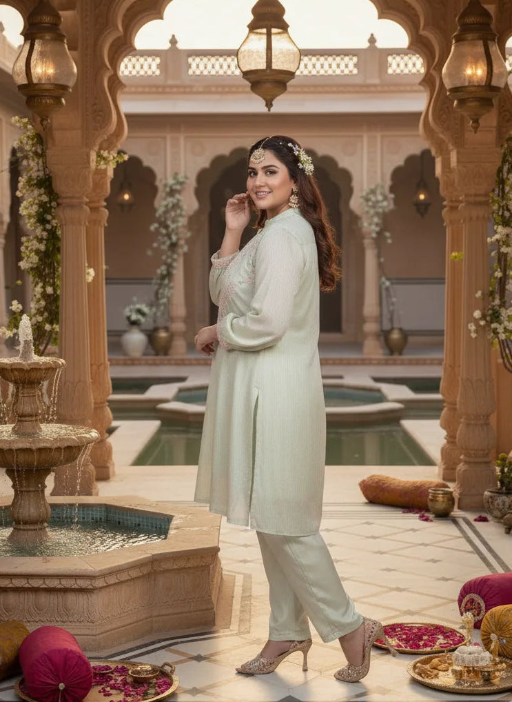 Woman in a light-colored outfit standing in an ornate indoor setting with arches and decorative elements.