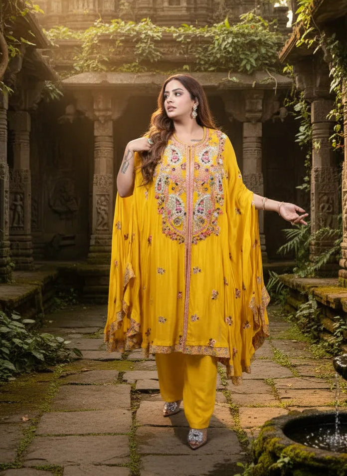 Woman in a yellow traditional outfit standing in an ancient temple setting