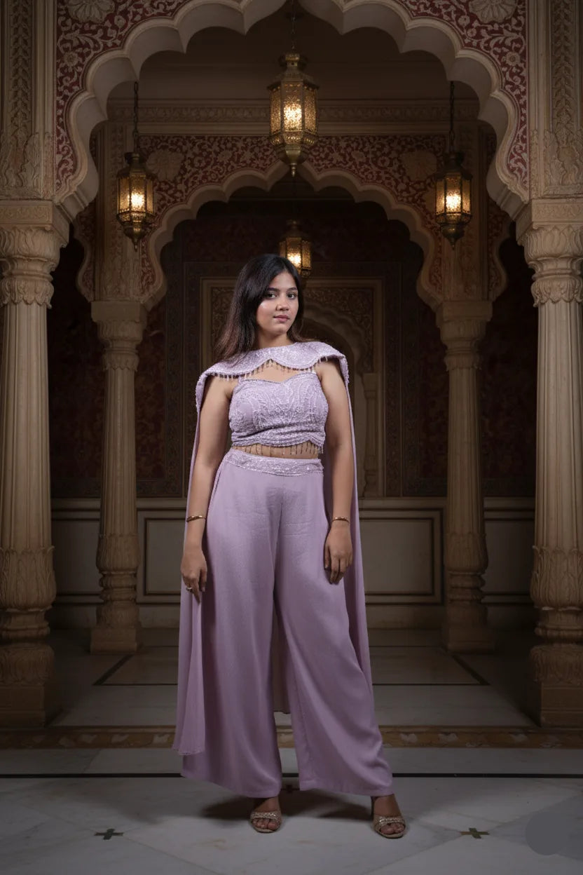 Woman in a lavender outfit standing in an ornate architectural setting