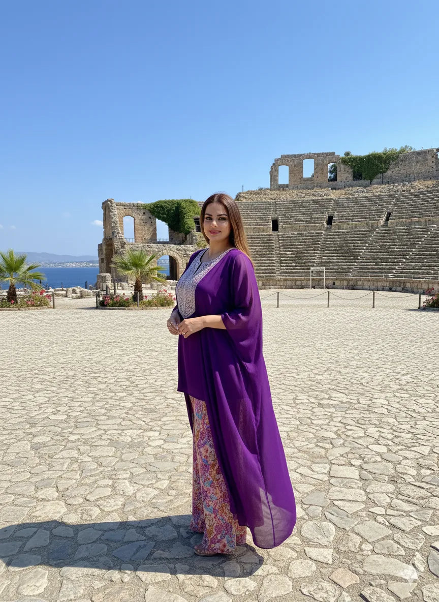 Woman in a purple dress standing in front of ancient ruins with blue sky and ocean in the background