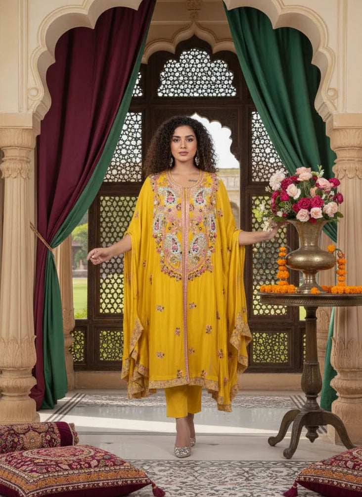 Woman in a yellow embroidered outfit standing in an ornate room with decorative elements.