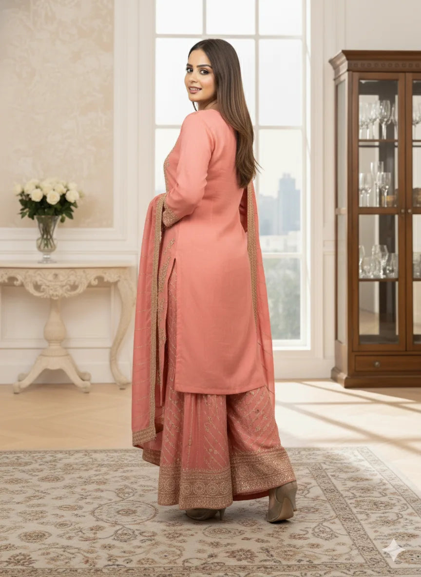 Woman in a peach traditional outfit standing in a well-lit room with decor elements.
