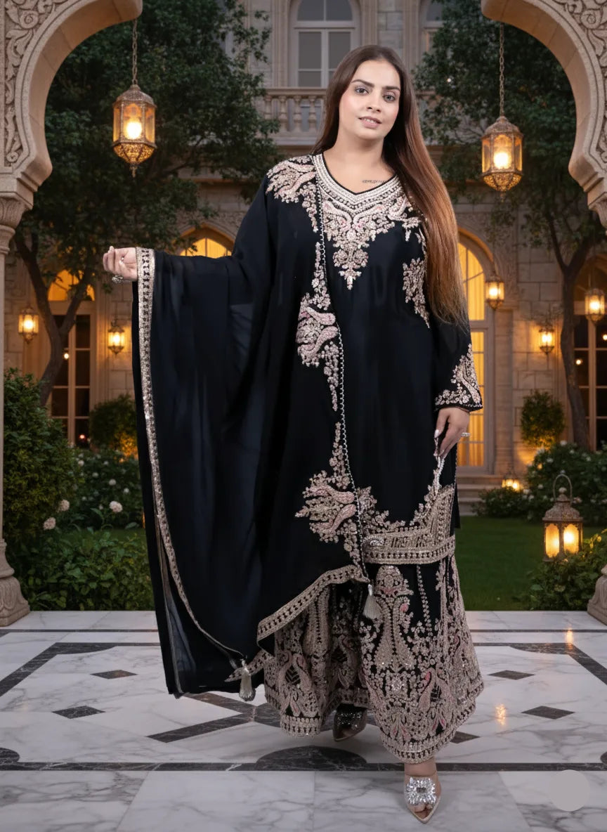 Woman in a black and gold embroidered traditional outfit standing in an elegant outdoor setting.
