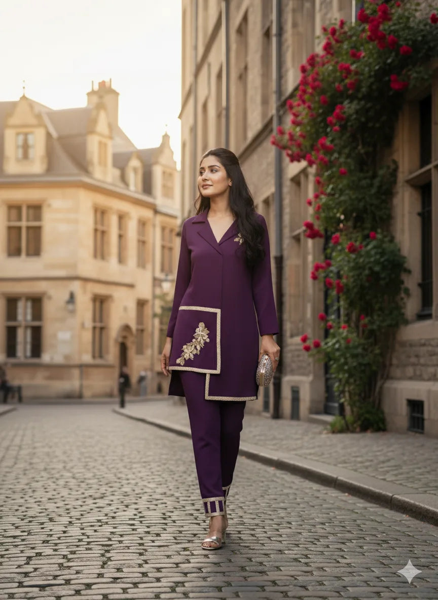 Woman in a purple outfit walking on a cobblestone street with floral decorations.