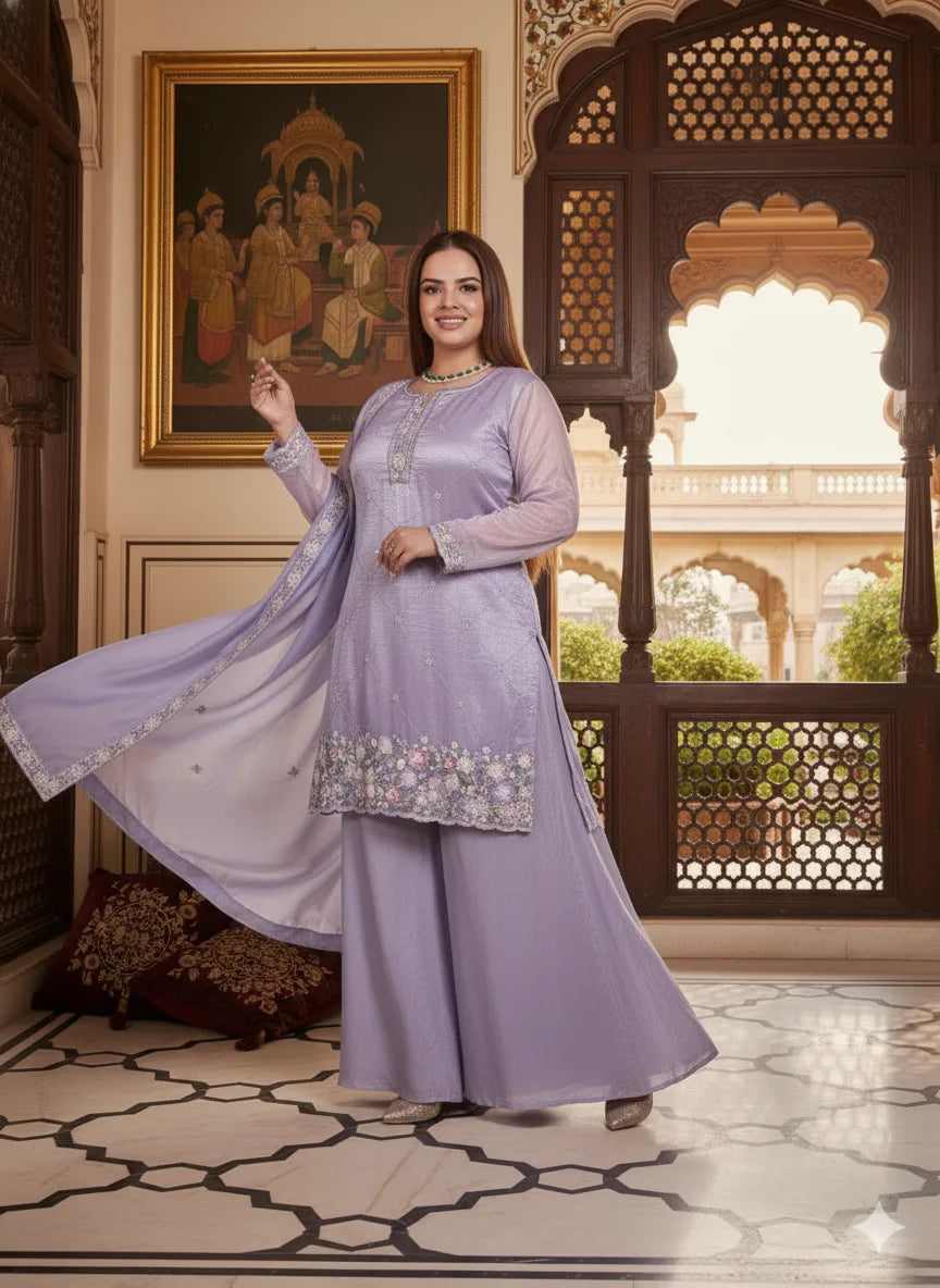Woman in a lavender traditional outfit standing in an ornate room with decorative elements.