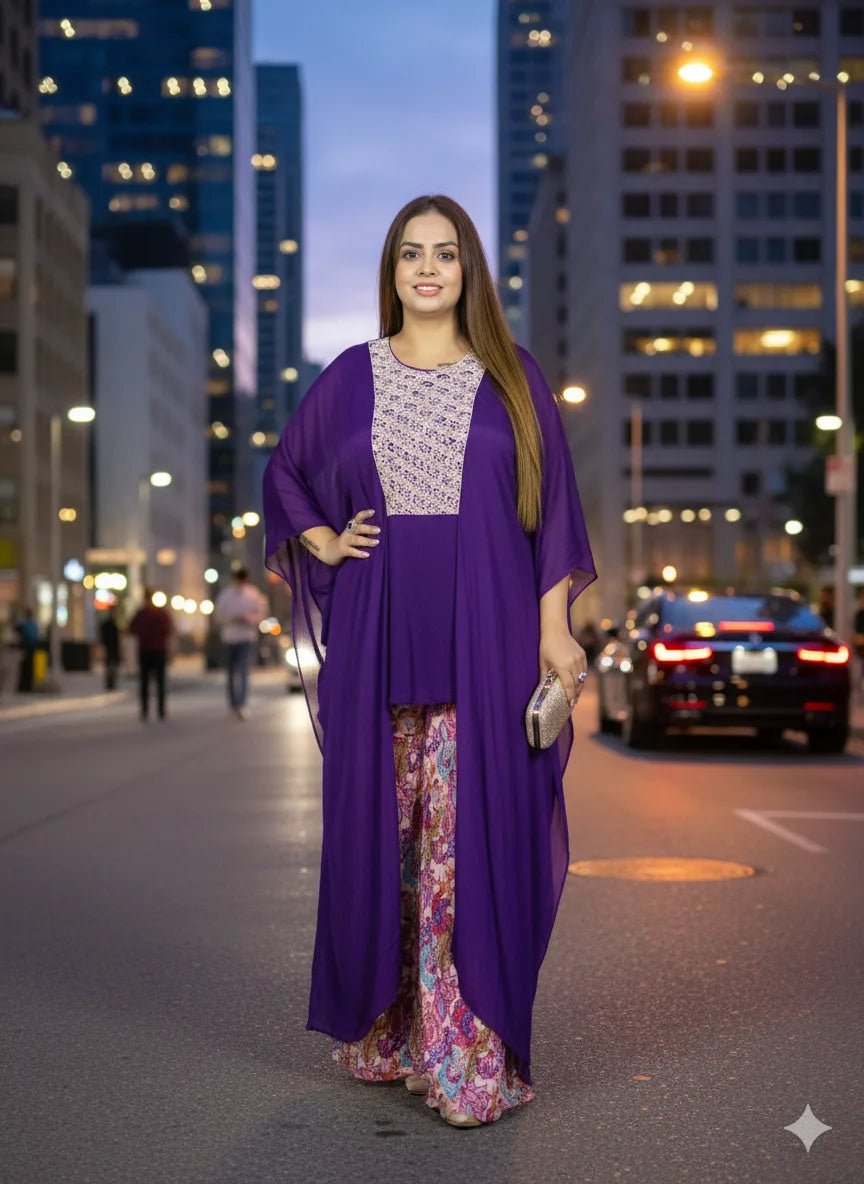 Woman in a purple outfit standing on a city street at night.
