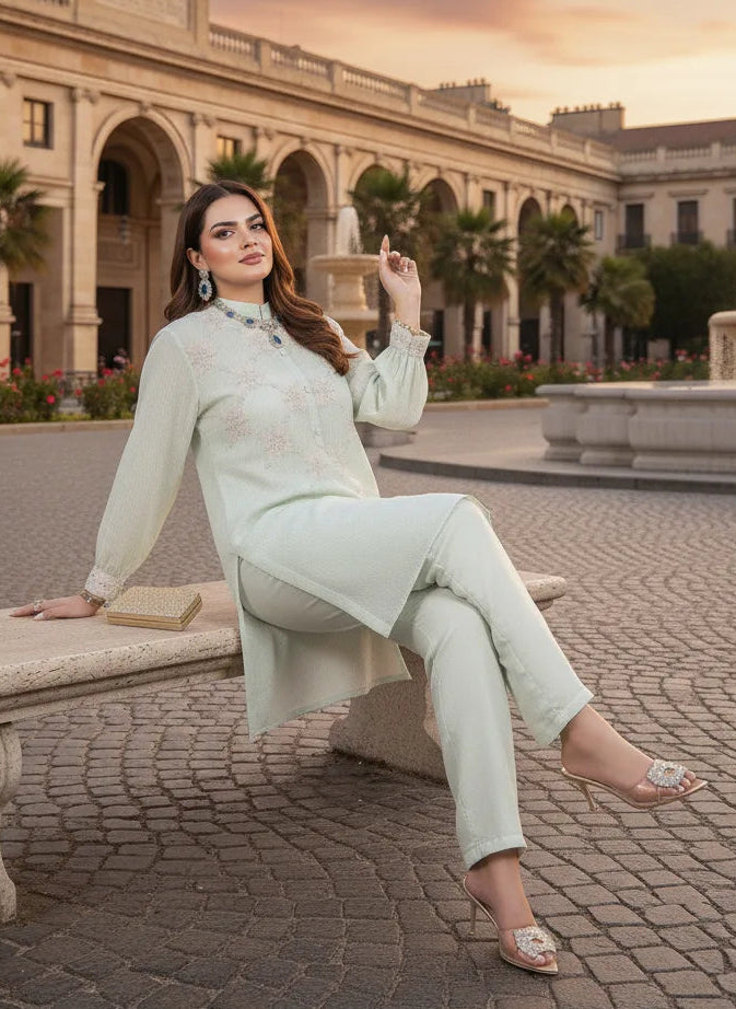 Woman in a light green outfit sitting on a bench in an urban setting with classical architecture and fountains.