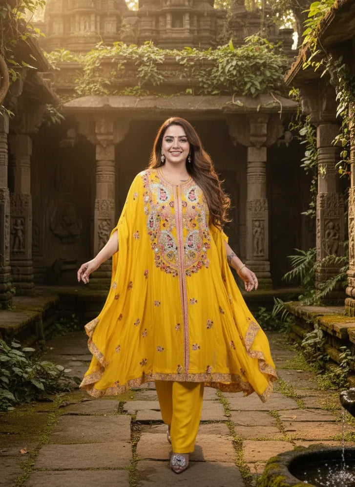 Woman in a yellow traditional outfit standing in an outdoor setting with stone architecture and greenery.