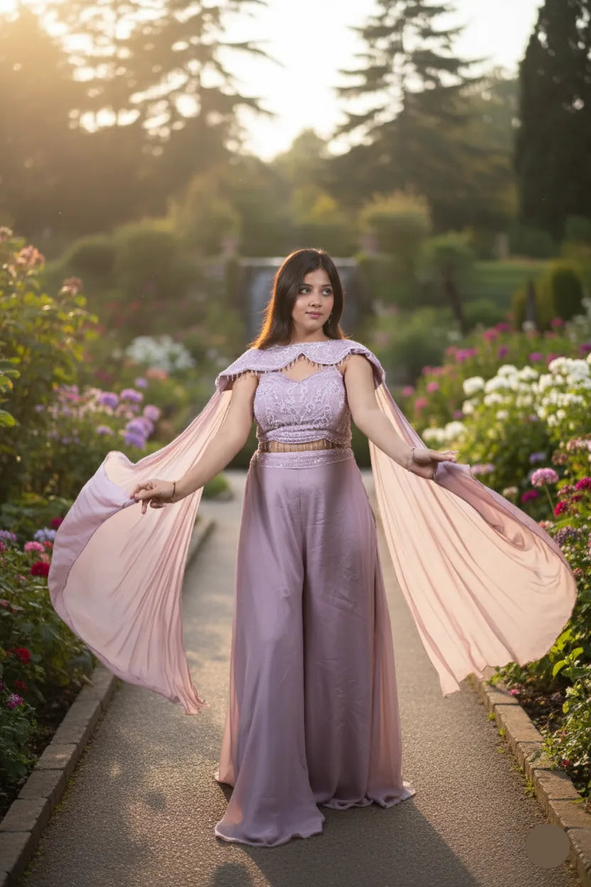 Woman in a flowing dress standing in a garden with sunlight filtering through the trees.