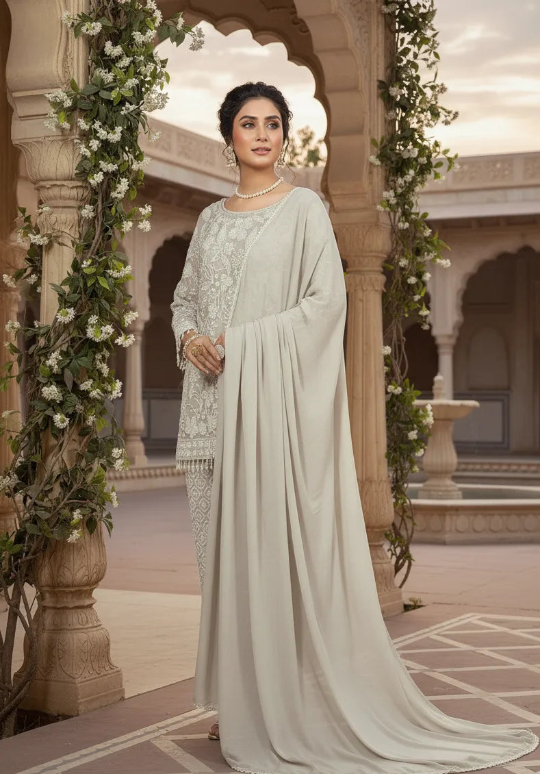 Woman in a light-colored traditional outfit standing in an ornate courtyard with floral decorations.