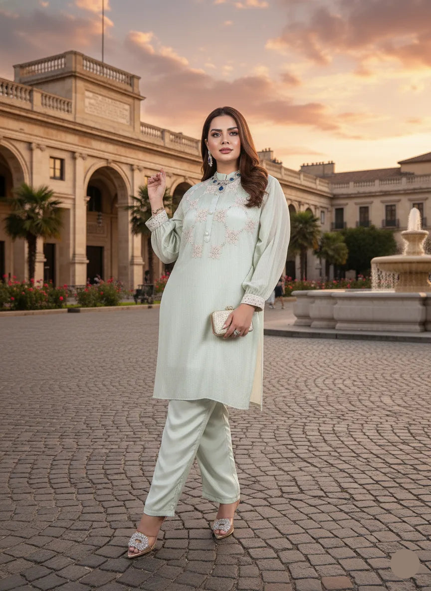 Woman in a light green traditional outfit standing in an elegant outdoor setting with classical architecture.