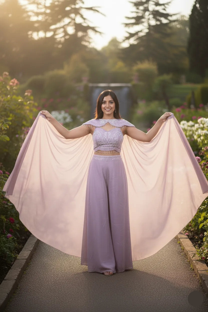 Woman in a lavender outfit with a flowing fabric in a garden setting
