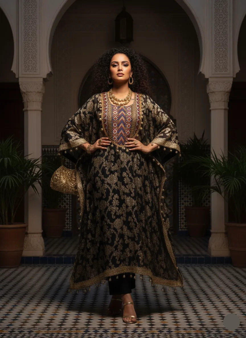 Woman in traditional attire standing in a decorative interior setting with arches and plants.