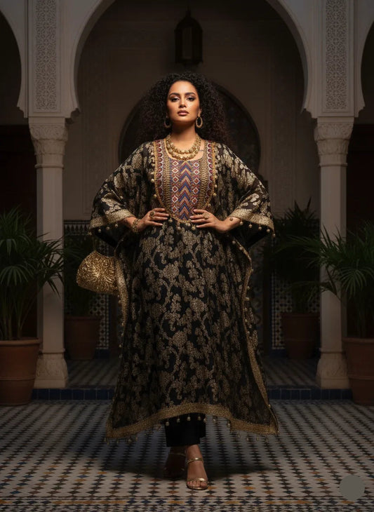 Woman in traditional attire standing in a decorative interior setting with arches and plants.