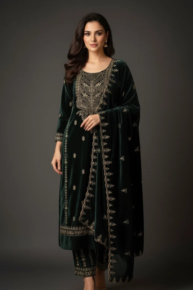 Woman wearing a dark green embroidered traditional outfit against a gray background