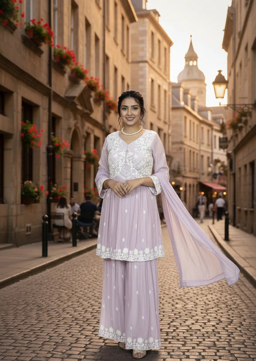 Woman in a light purple traditional outfit standing on a cobbled street with historical buildings.
