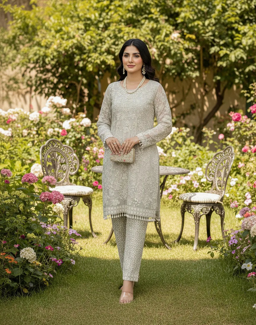 Woman in a light gray traditional outfit standing in a garden with flowers and chairs.