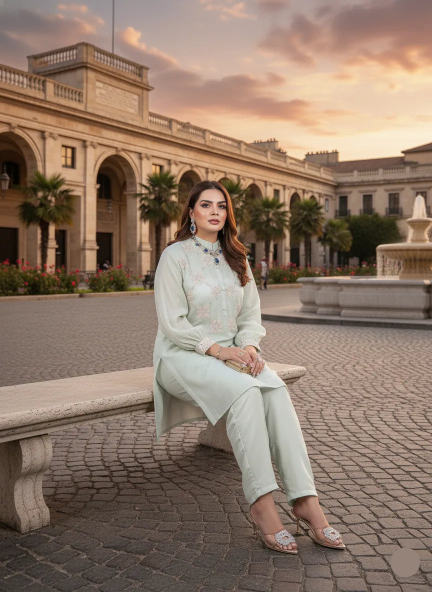 Woman sitting on a bench in an elegant outdoor setting with classical architecture and palm trees.