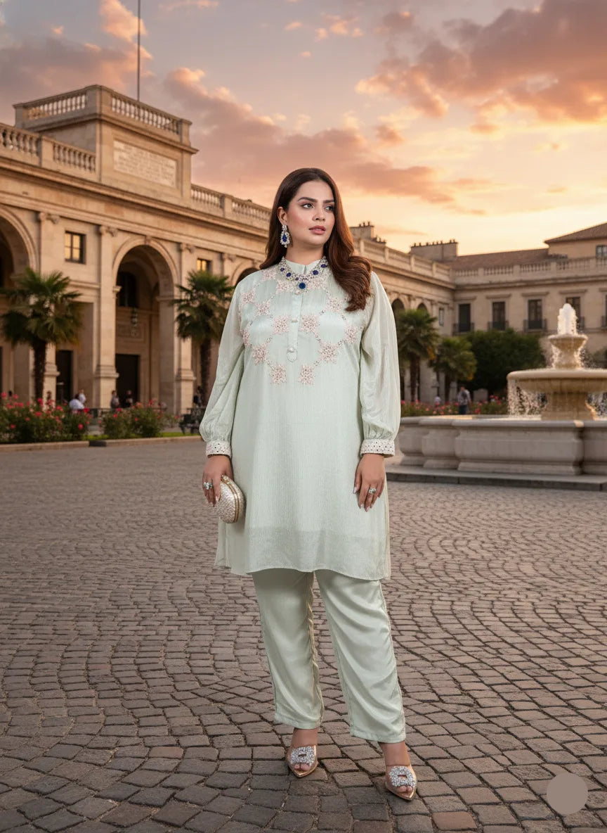 Woman in a light green traditional outfit standing in front of a fountain with a sunset background.