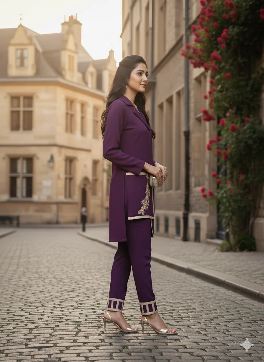 Woman in a purple outfit standing on a cobblestone street with buildings and flowers in the background