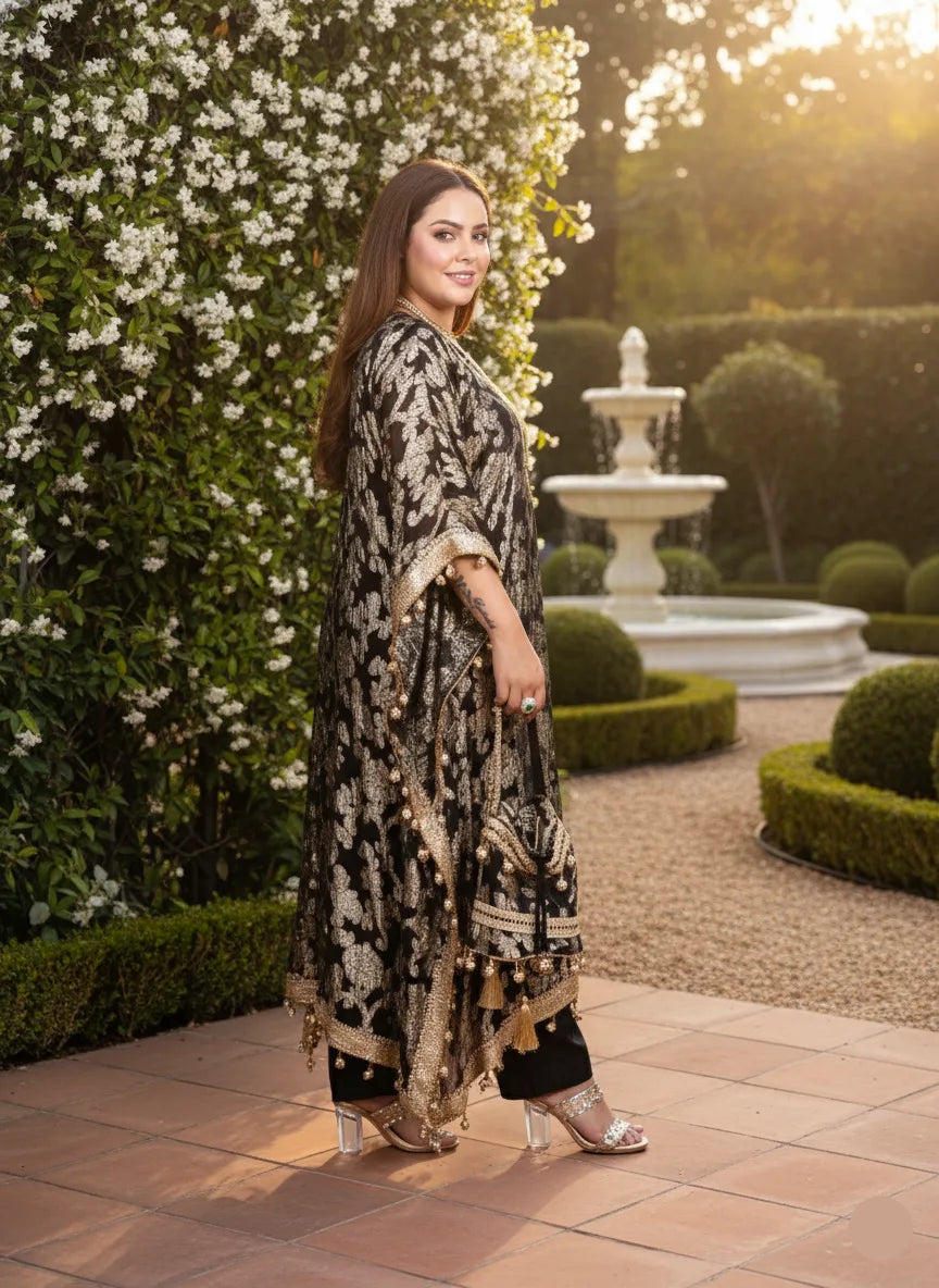 Woman in a black and white patterned outfit standing in a garden with a fountain.