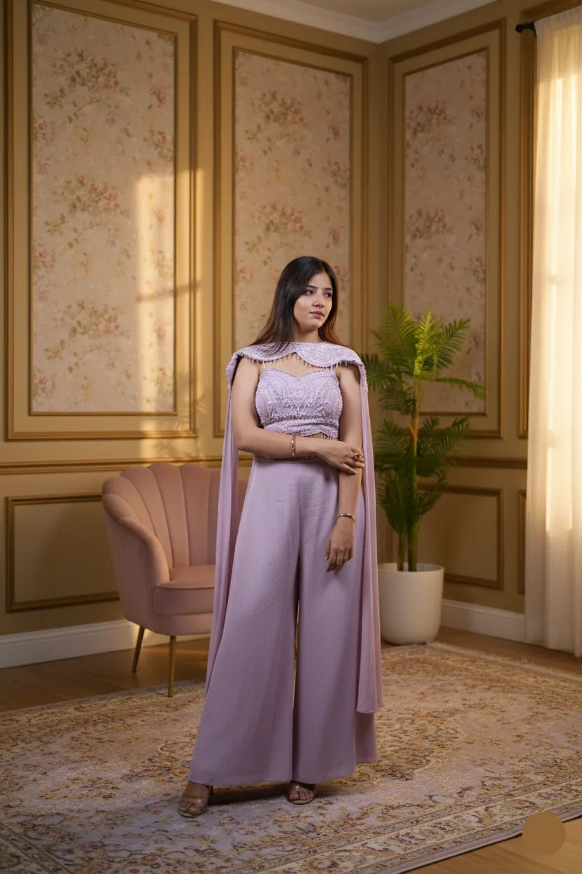 Woman in a lavender dress with a cape standing in a room with floral wallpaper and a pink chair.
