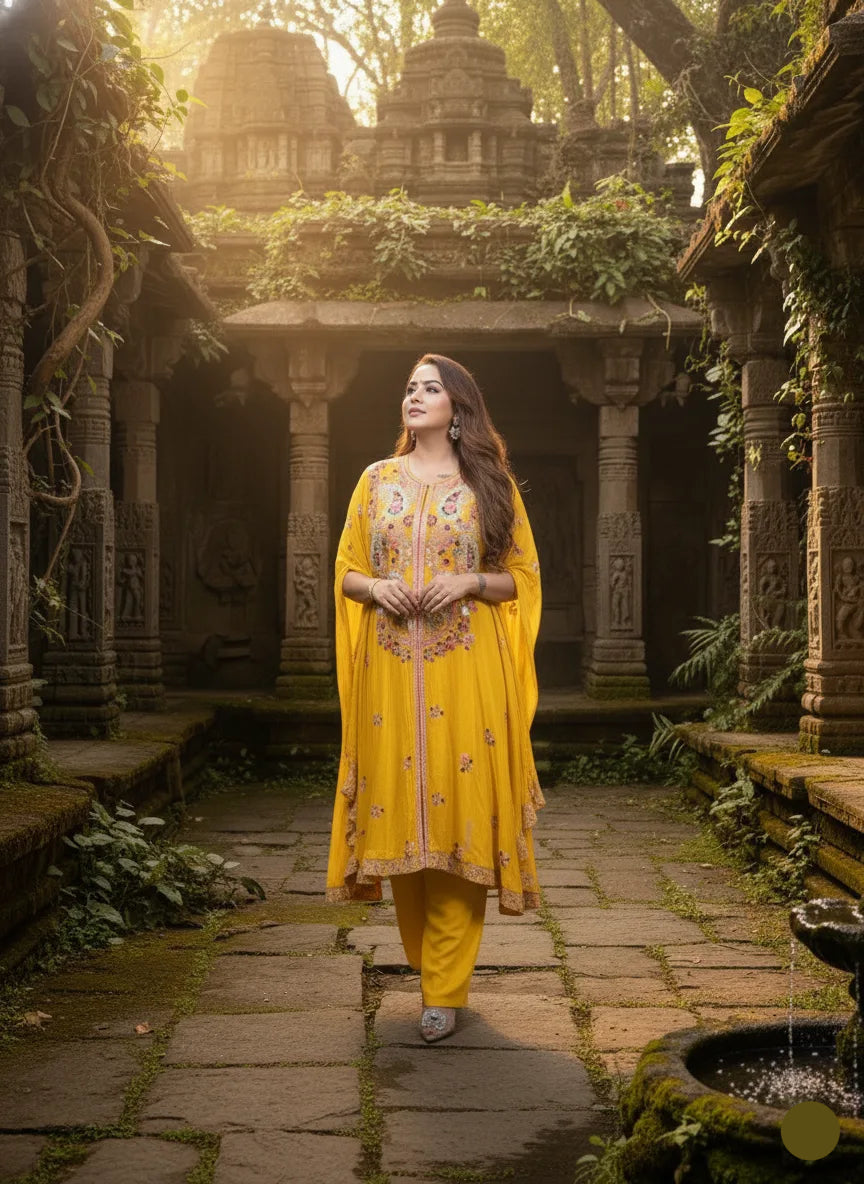 Woman in a yellow traditional outfit standing in an ancient temple setting