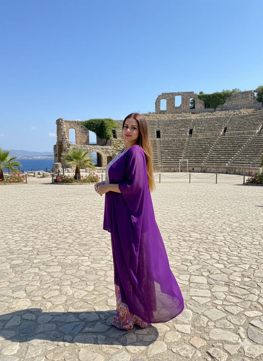 Woman in a purple dress standing in front of ancient ruins with ocean view