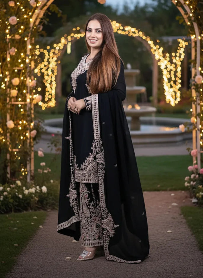 Woman in a black and silver traditional outfit standing in front of a decorated archway with lights and flowers.