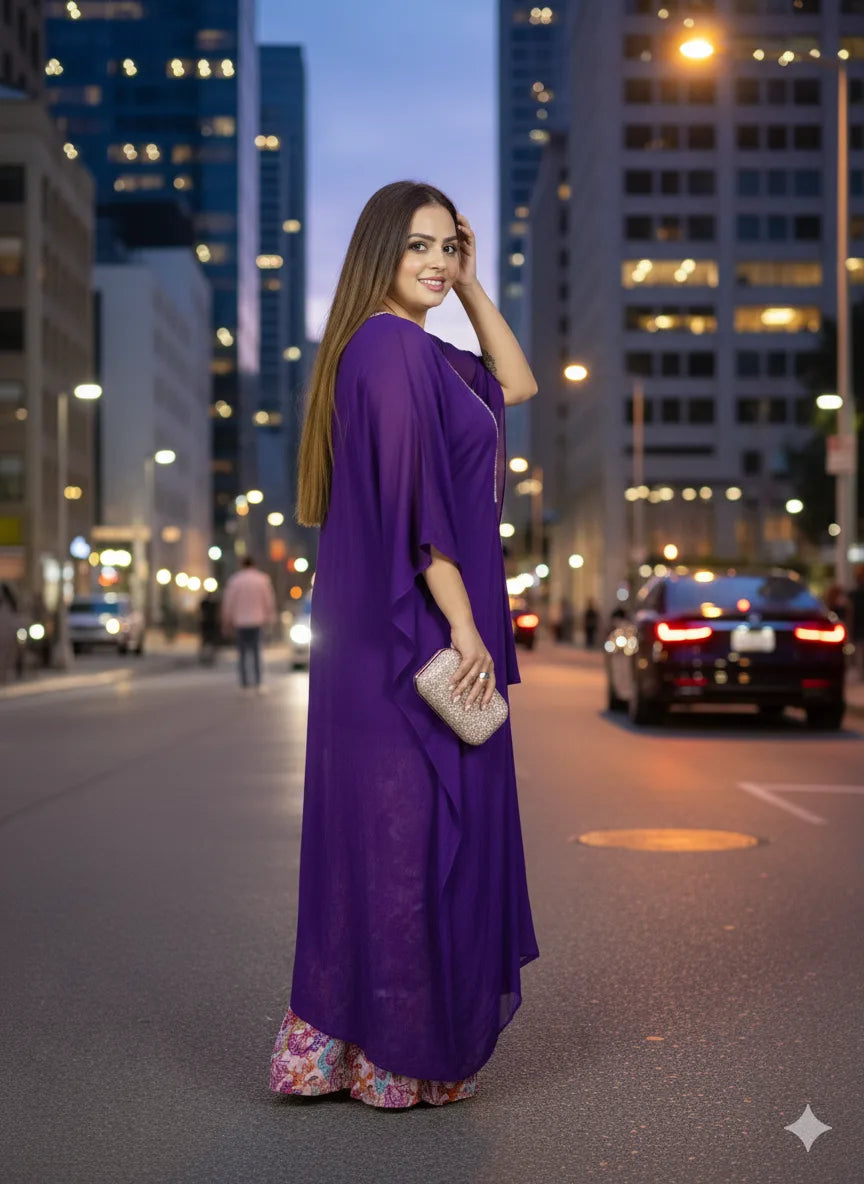 Woman in a purple dress standing on a city street at night.