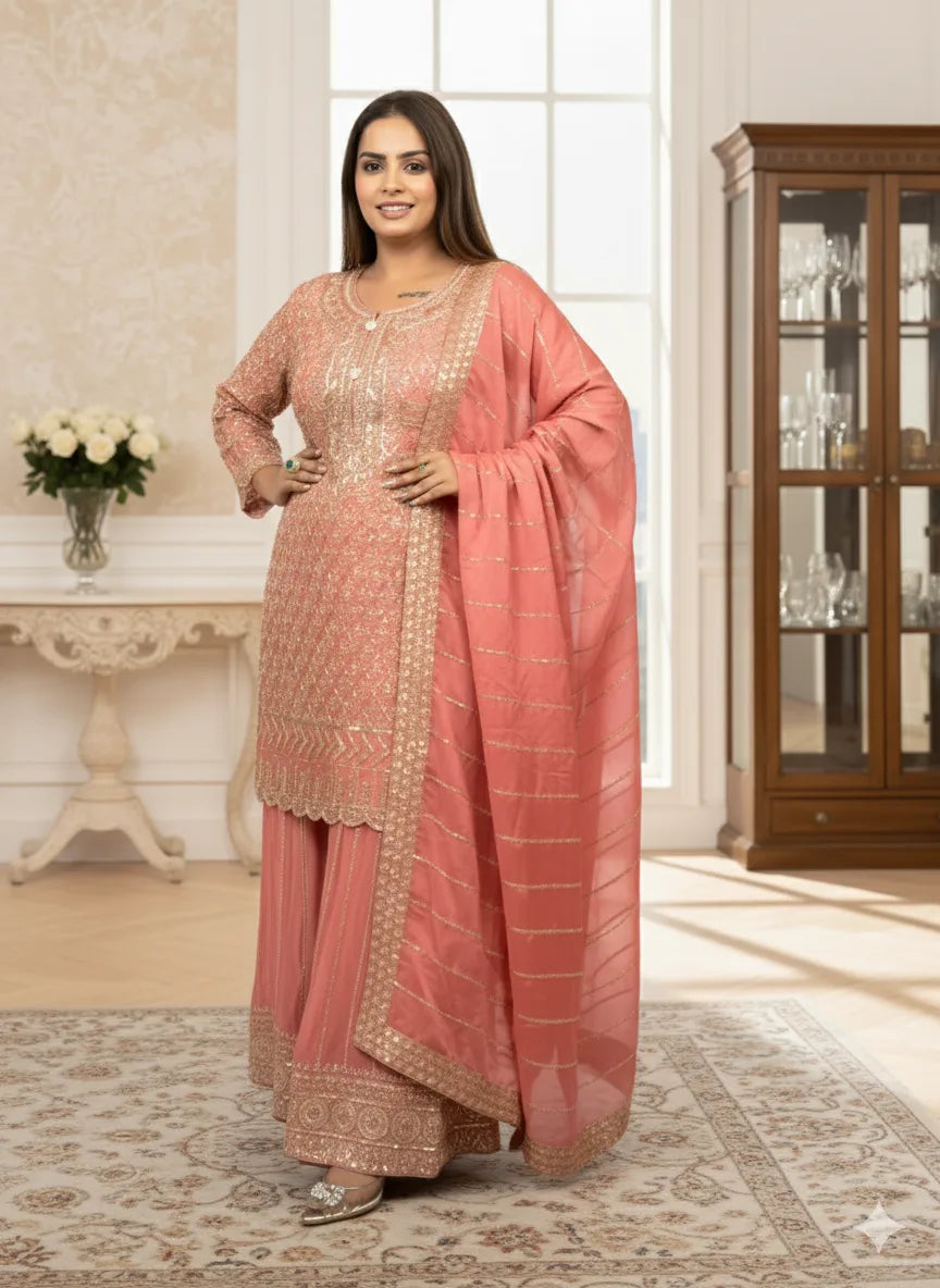 Woman in a pink traditional outfit with gold embroidery in a well-lit room.